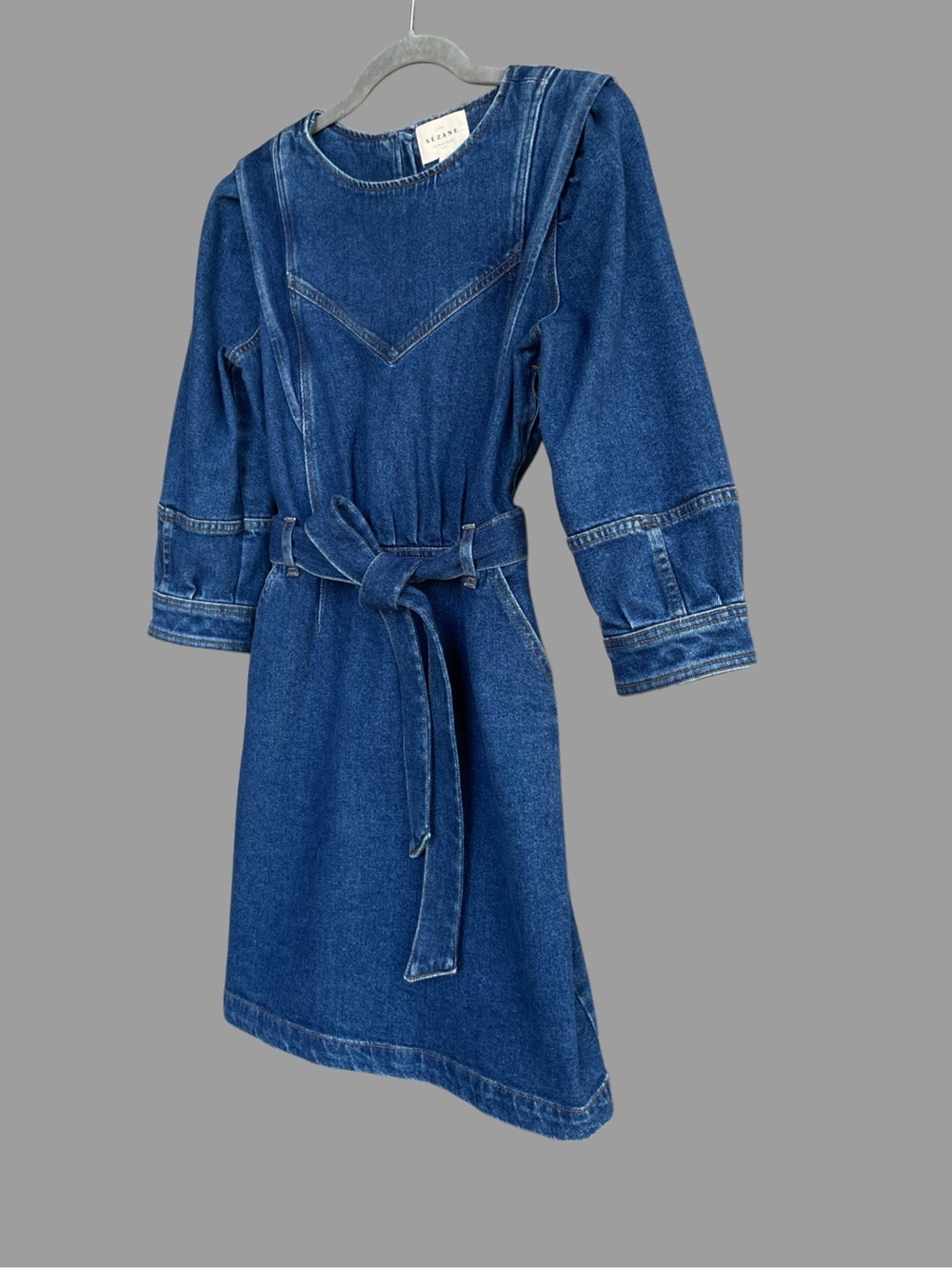 SEZANE Blue Denim Tie Waist Belted Puff Sleeve Button Back Haneia Mini Dress - Picture 12 of 15
